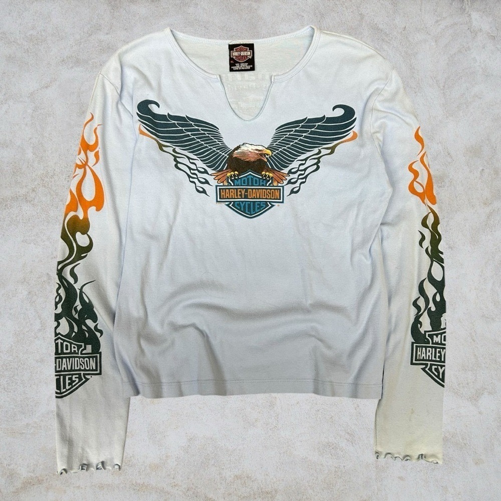 Vintage Harley-Davidson Shirt Women Xl Baby Blue Flame Sleeves 2002 Chrome Sweet